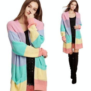 Loose Long Knitted Cardigan Women Sweater Jacket - Size L Rainbow Stripes