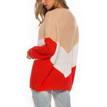 Hinged Knit Net Stitching Loose Sweater Round Neck Bottoming Shirt For Women Red - S