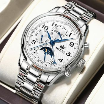 Waterproof Luminous Mechanical Watch for Men - Multifunction - Steel Band + Gold White