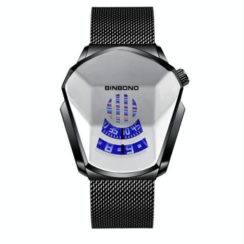 Black Technology Men Watch with Locomotive Concept - Gold Net Belt-Full Gold-Gold Face
