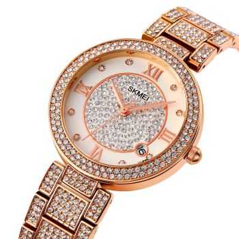 Women Quartz Watch with Diamond Roman Numerals and Round Dial - Gold