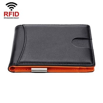Men Vintage Leather Rfid Wallet - Carbon Fiber Orange Inside