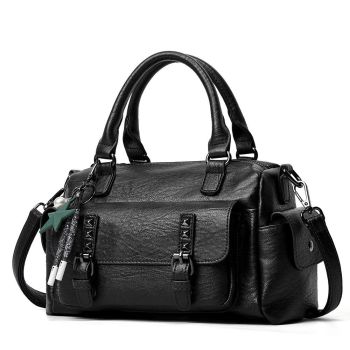 Large Capacity Crossbody Shoulder Bag in Pebbled Leather - Navy Blue