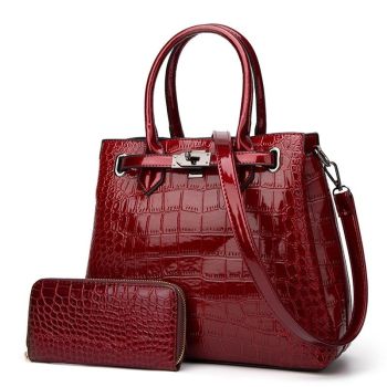 Large Capacity 2-in-1 Crocodile Patent Leather Shoulder Bag - Black