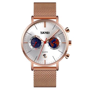 Men Stainless Steel Quartz Watch with Map Pattern Calendar - 9231 - Rose Gold