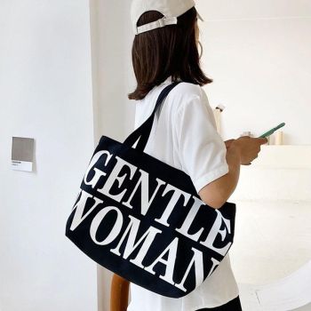 Black Women Canvas Shoulder Tote Printed Letters