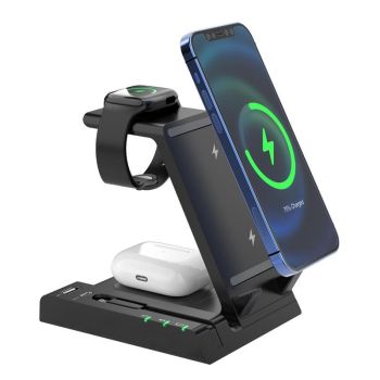 6 In 1 Wireless Charging Stand With Usb C Port & 8 Pin Cable - White