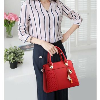 Simple Style Women Leather Crossbody Bag with Tassel Embroidery - Dark Blue