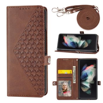 For Samsung Galaxy Z Fold4 5G Leather Grid Texture Phone Case With Lanyard - Red
