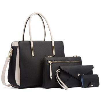 Large Capacity 4-in-1 Messenger Handbag with Fashionable Colour Block Design - Black