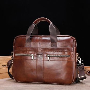 Large Capacity Retro Cowhide Briefcase - Coffee
