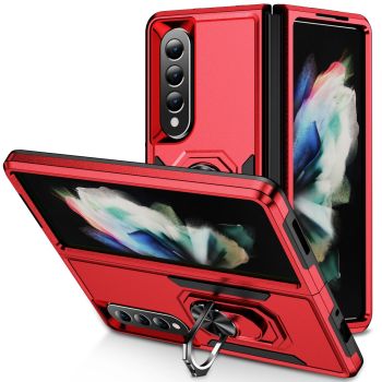 For Samsung Galaxy Z Fold4 5G Shockproof Case With Holder - Pc Tpu - Pink + Rose Red