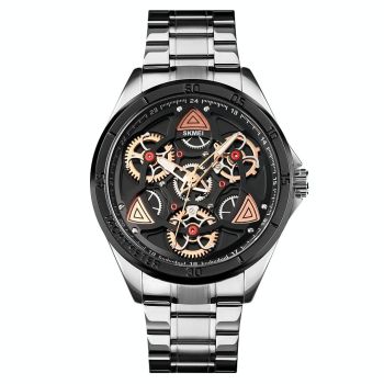 Waterproof Men Quartz Watch with Rotatable Gear Dial - Rose Gold Shell Blue Surface