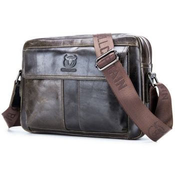 Men Leather Shoulder Bag Double Layer - Beige