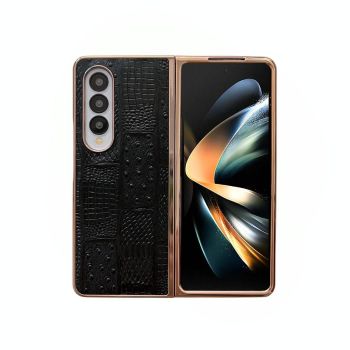 For Samsung Galaxy Z Fold4 5G Leather Mahjong Phone Case - Electroplated - Brown