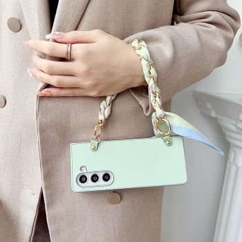 For Samsung Galaxy Z Fold4 5G Leather Phone Case With Metallic Paint And Scarf Bracelet - White