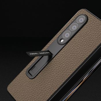 For Samsung Galaxy Z Fold4 5G Leather Phone Case With Holder - Litchi Texture - Blue