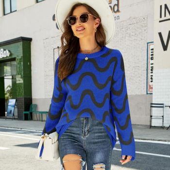 Women Casual Pullover Sweater Round Neck Wave Pattern Collision Colour Knitted Sweater - Size Xl Black - Pink