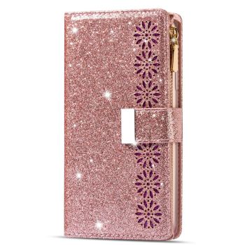 For Samsung Galaxy Z Fold4 5G Sparkling Leather Zip Case - Zipper Closure - Rose Red
