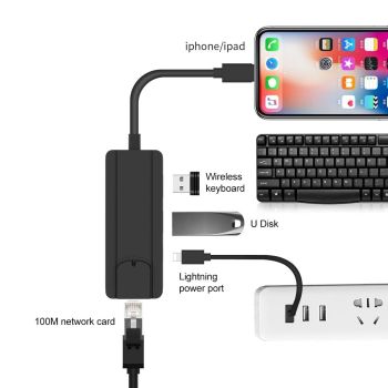 8Pin To Rj45 Usb 2.0 Hub Adapter - Black
