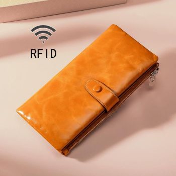 Oilskin Leather Rfid Zip Wallet - Brown - Black