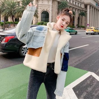 Plush Thick Denim Stitching Lamb Fur Lapel Cotton Jacket - Black M