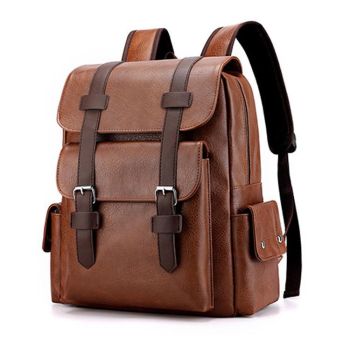 Large Capacity Pu Leather Laptop Backpack For Travel & School - Dark Brown