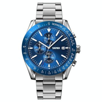 Stainless Steel Strap Quartz Watch for Men with Date and Six Pin Design - Silver Black