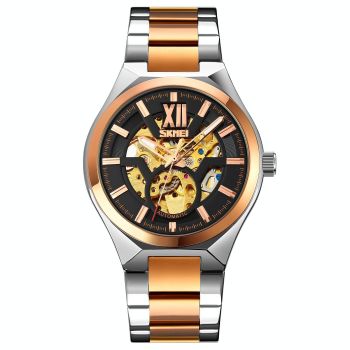 Men Automatic Mechanical Watch with Two-tone Stainless Steel Strap - Silver Shell Black Surface