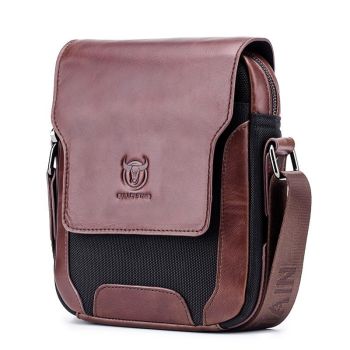 Men Leather Diagonal Shoulder Bag Multi Function - Black