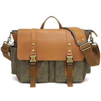 Leather Waxed Canvas Crossbody Bag For Outdoors - S11 Khaki