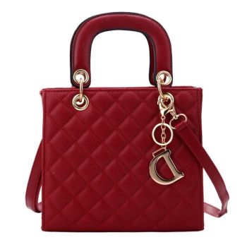 Leather Crossbody Bag with Rhombus Pattern for Women - Brown