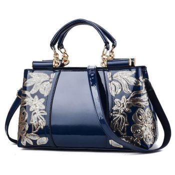 Shiny Leather Handbag with Single-sided Embroidery - Black