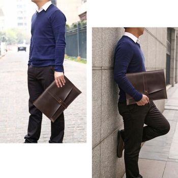 13.3 Inch Genuine Leather Laptop Bag With Power Adapter And Cable Winder - Coffee