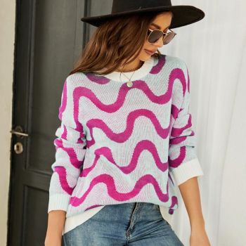 Women Casual Pullover Sweater Round Neck Wave Pattern Collision Colour Knitted Sweater - Size Xl Black - Blue