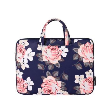 15 Inch Laptop Case Bag with White Rose Pattern and Handle - Grey