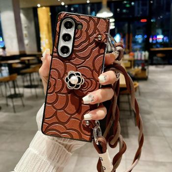For Samsung Galaxy Z Fold4 5G Camellia Pattern Phone Case With Lanyard - Black