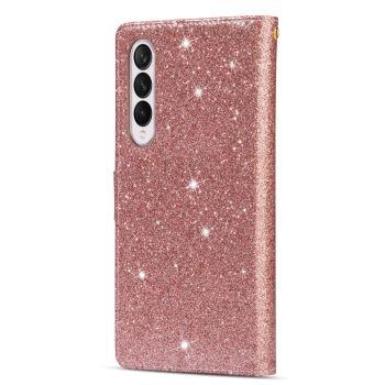 For Samsung Galaxy Z Fold4 5G Sparkling Leather Zip Case - Zipper Closure - Rose Gold