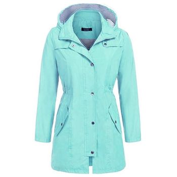 Casual Women Waterproof Waist Hooded Long Coat - Sky Blue - Xxl