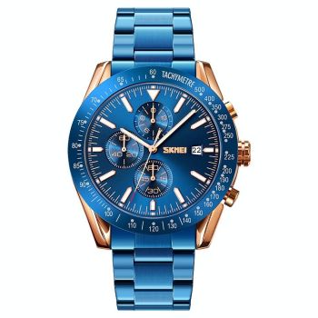 Stainless Steel Strap Quartz Watch for Men with Date and Six Pin Design - Silver Blue