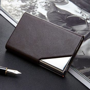 Stainless Steel Business Card Holder Men Leather Clamp - Apricot