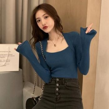 Square Collar Exposed Clavicle T-Shirt Fake Two-Piece Knitted Long-Sleeved Bottoming Shirt - Size Free Size Blue