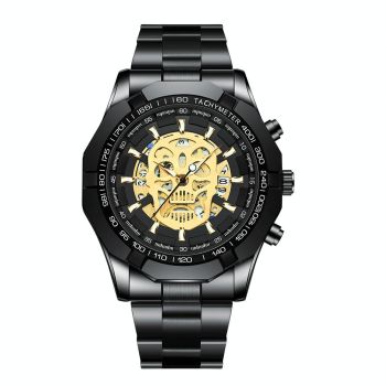 Waterproof Luminous Skeleton Watch - 30m - Black Steel Black White Nail