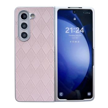 For Samsung Galaxy Z Fold4 5G Checkered Leather Phone Case With Pearlescent Finish - Black
