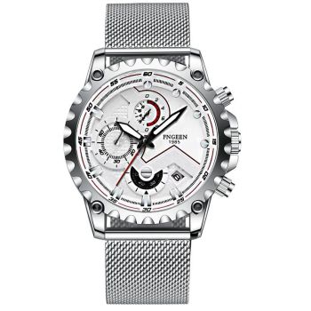 Stainless Steel Waterproof Men Sports Watch - Black Leather White Steel Black Surface