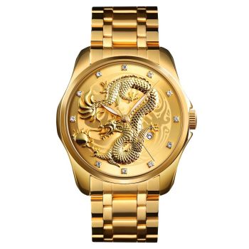Men Golden Dragon Calendar Dial Quartz Watch with Luminous Hands - Gold Black