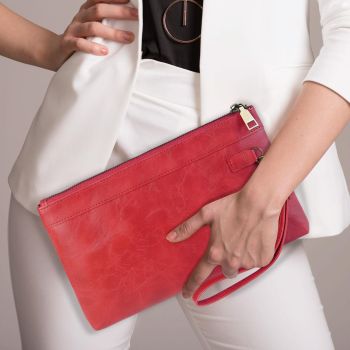 Vintage Leather Envelope Clutch with Zipper Closure - Brown