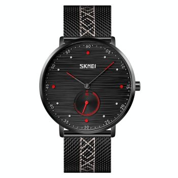 Men Striped Arabic Numeral Mesh Quartz Watch - Horizontal Design - Black