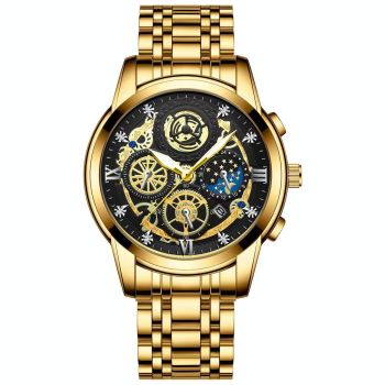 Waterproof Luminous Quartz Watch with Multifunctional Design - Inter-Gold Black Surface
