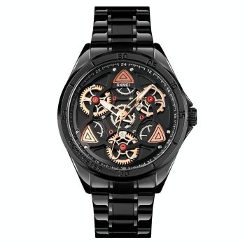 Waterproof Men Quartz Watch with Rotatable Gear Dial - Silver Shell Black Surface